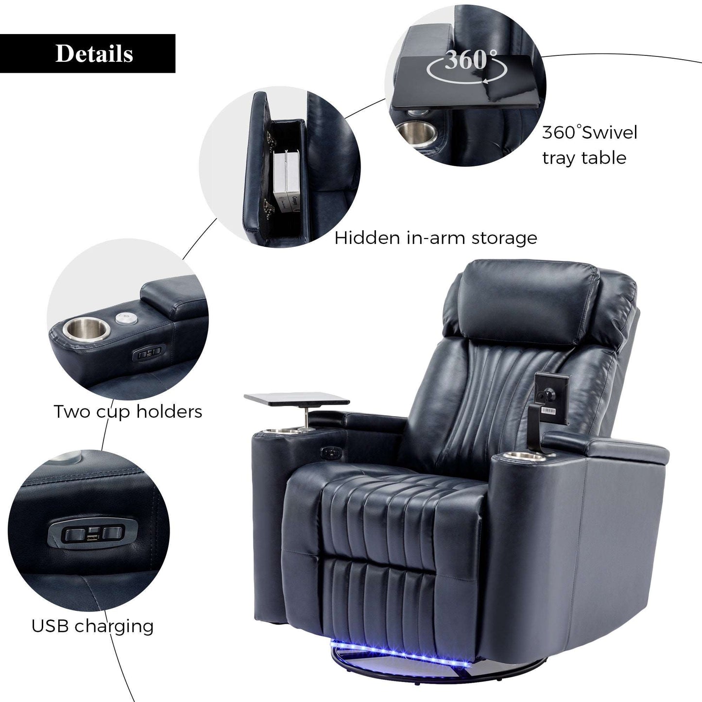 270° Power Swivel Recliner,Home Theater Seating With Hidden Arm Storage and LED Light Strip,Cup Holder,360° Swivel Tray Table,and Cell Phone Holder,Soft Living Room Chair,Blue