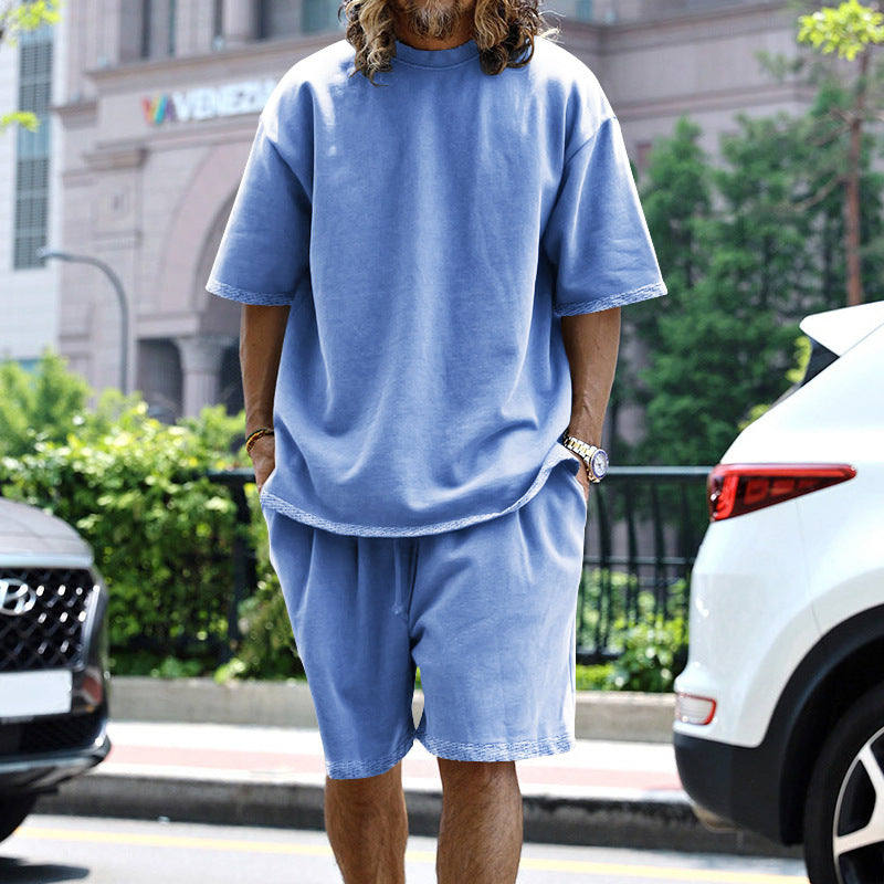 Men's Casual Loose Solid Color T-Shirt and Shorts Two-Piece Set