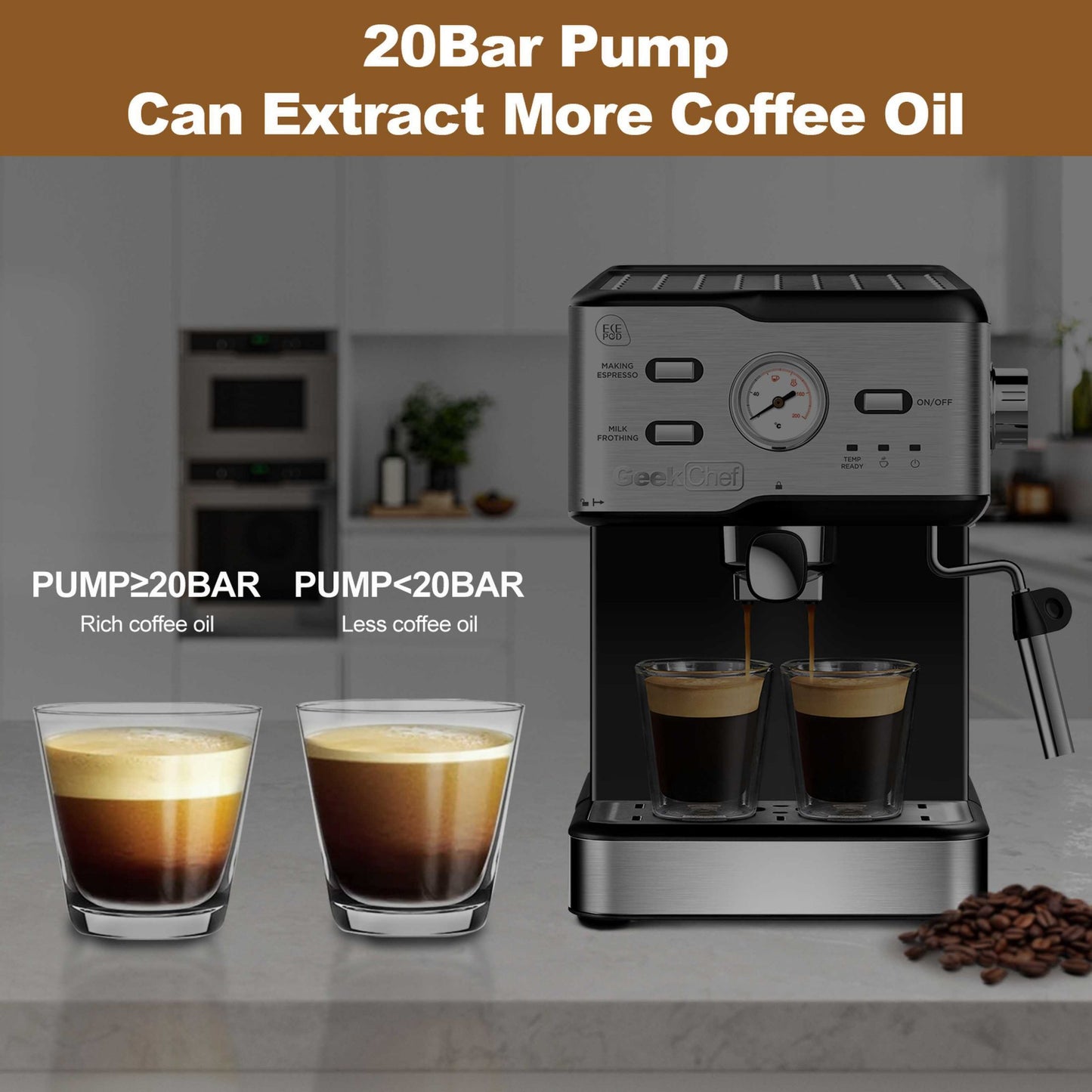 Espresso Machine 20 Bar Pump Pressure Cappuccino latte with ESE POD filter&Milk Frother Steam Wand&thermometer, 1.5L Water Tank, Stainless steel Espresso Complimentary ESE Filter Ban on Amazon