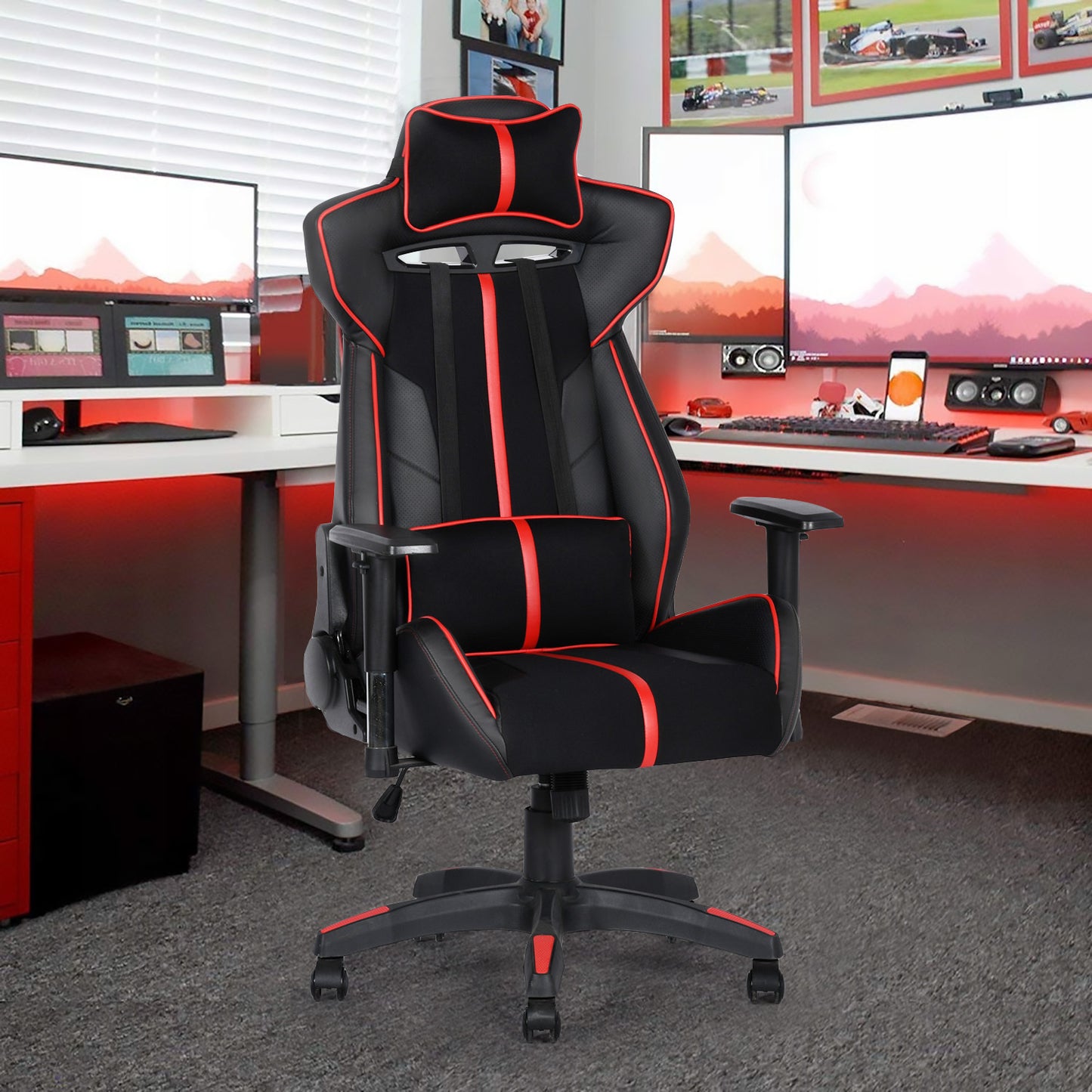 Gaming Chair Racing Office Ergonomic Computer PC Adjustable Swivel Chair with Fully Reclining Back in Red LeatherSoft