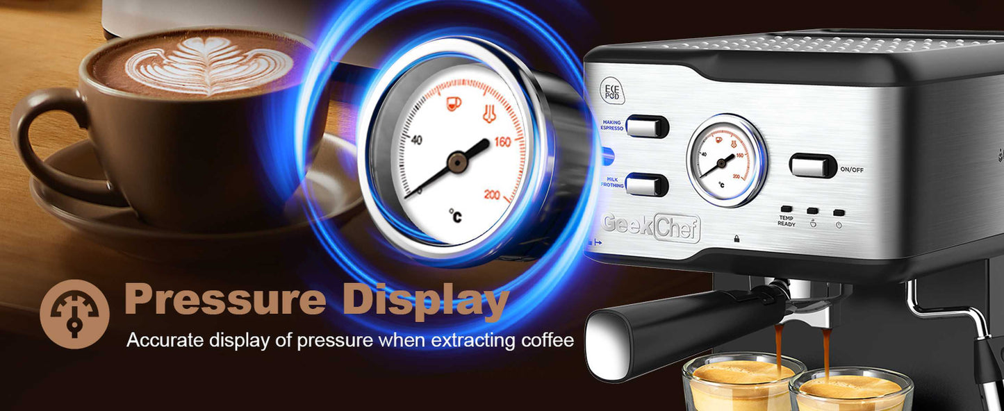 Espresso Machine 20 Bar Pump Pressure Cappuccino latte with ESE POD filter&Milk Frother Steam Wand&thermometer, 1.5L Water Tank, Stainless steel Espresso Complimentary ESE Filter Ban on Amazon