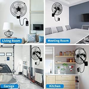 2Pack HealSmart 18 Inch Household Commercial Wall Mount Fan, 90 Degree Horizontal Oscillation, 5 Speed Settings, Black