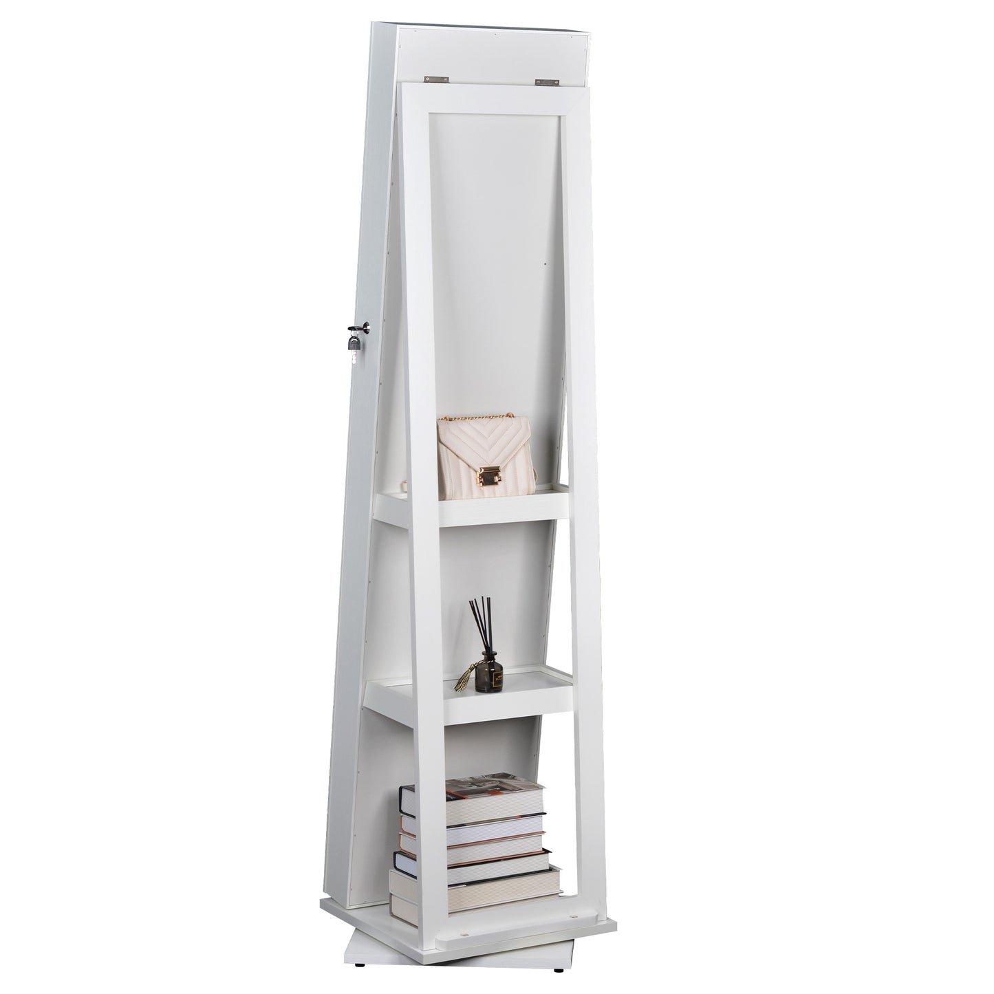 360° Swivel Full-Length Mirror and Lockable Jewelry Cabinet Organizer- White_4