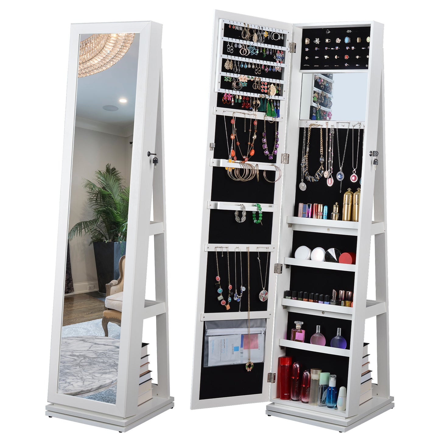 360° Swivel Full-Length Mirror and Lockable Jewelry Cabinet Organizer- White_1