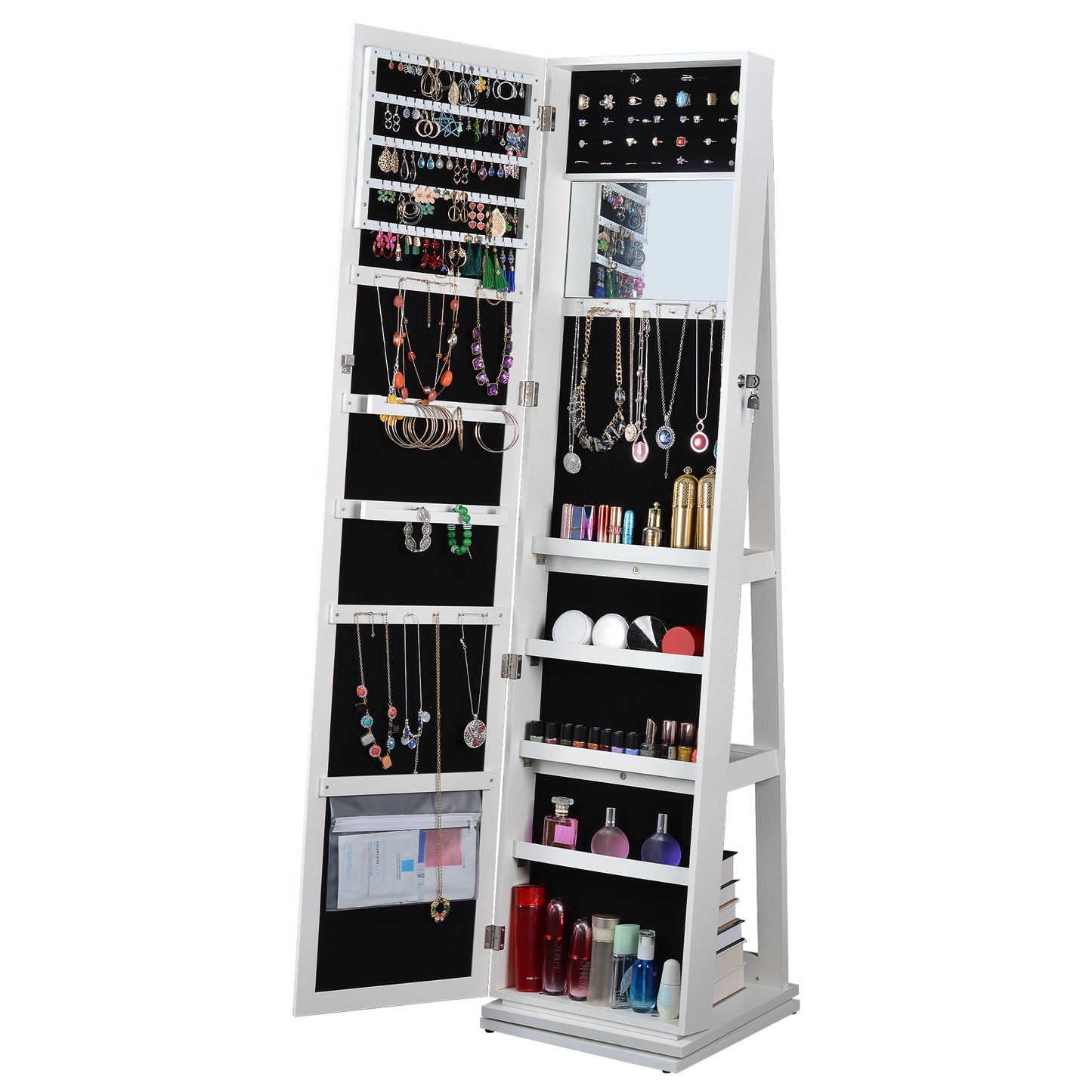 360° Swivel Full-Length Mirror and Lockable Jewelry Cabinet Organizer- White_2