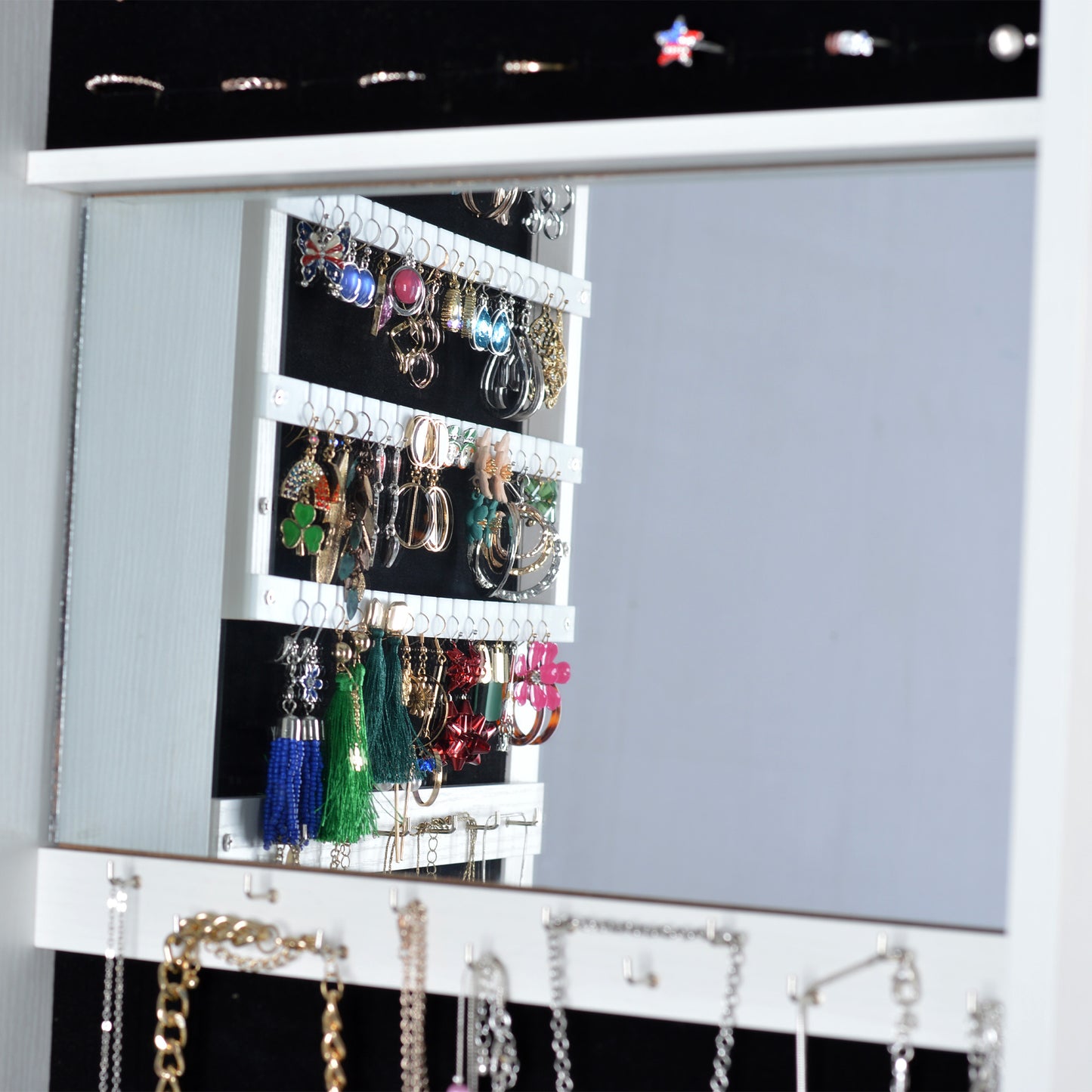 360° Swivel Full-Length Mirror and Lockable Jewelry Cabinet Organizer- White_11