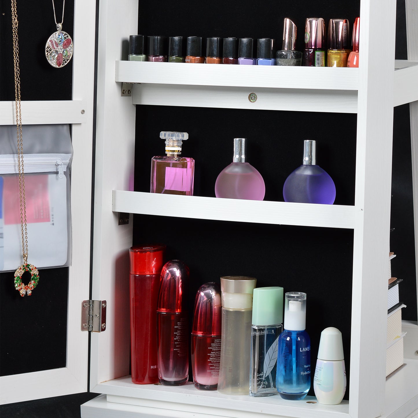 360° Swivel Full-Length Mirror and Lockable Jewelry Cabinet Organizer- White_12
