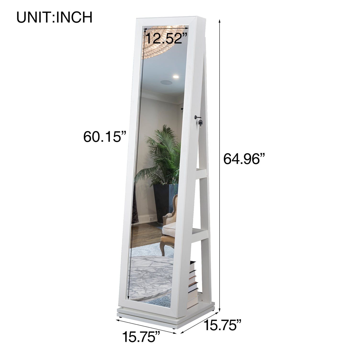 360° Swivel Full-Length Mirror and Lockable Jewelry Cabinet Organizer- White_3
