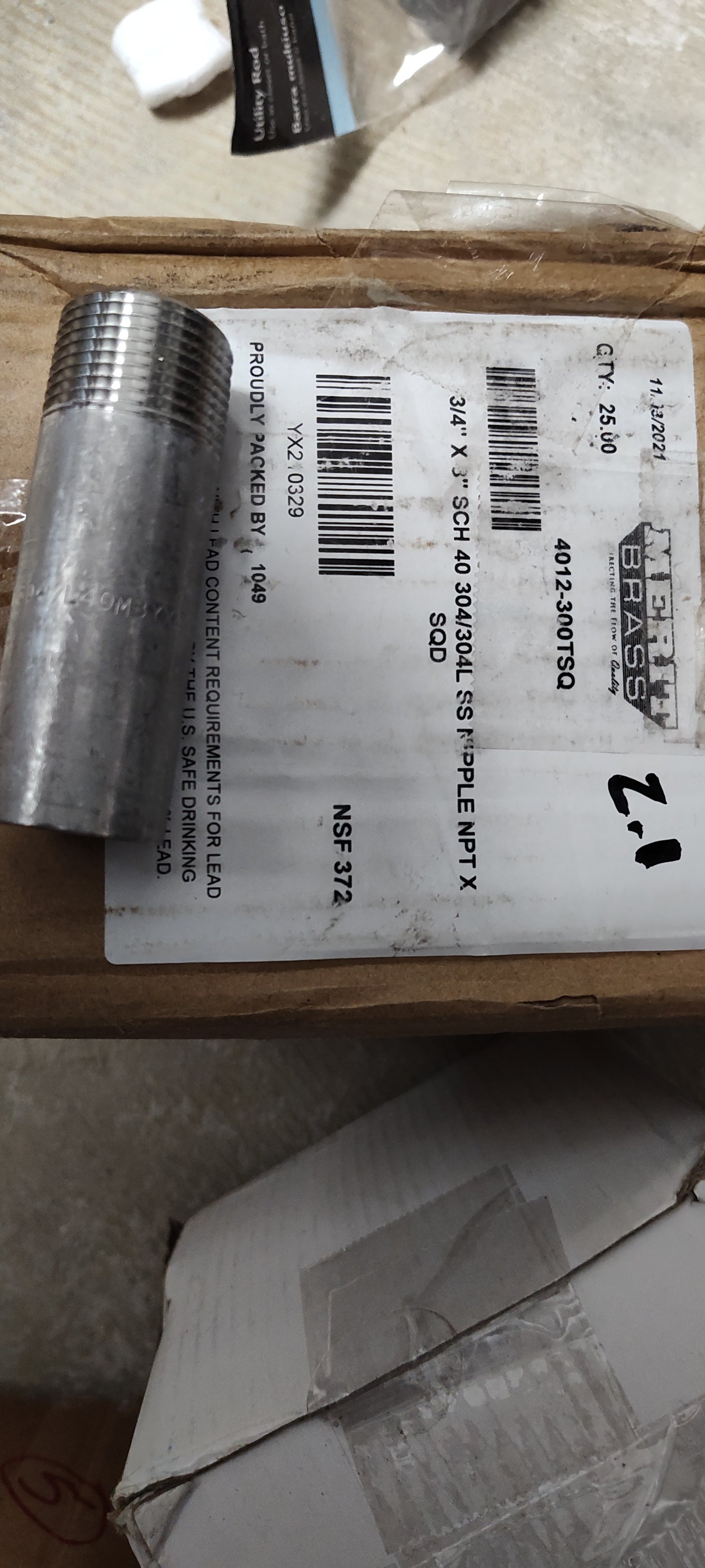 3/4"x3" sch 40 304/304l ss nipple npt x sqd (25 Pieces)