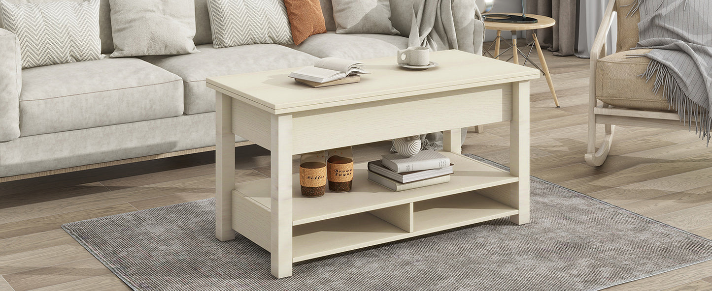 ON-TREND Lift Top Coffee Table, Multi-Functional Coffee Table with Open Shelves, Modern Lift Tabletop Dining Table for Living Room, Home Office, Rustic Ivory