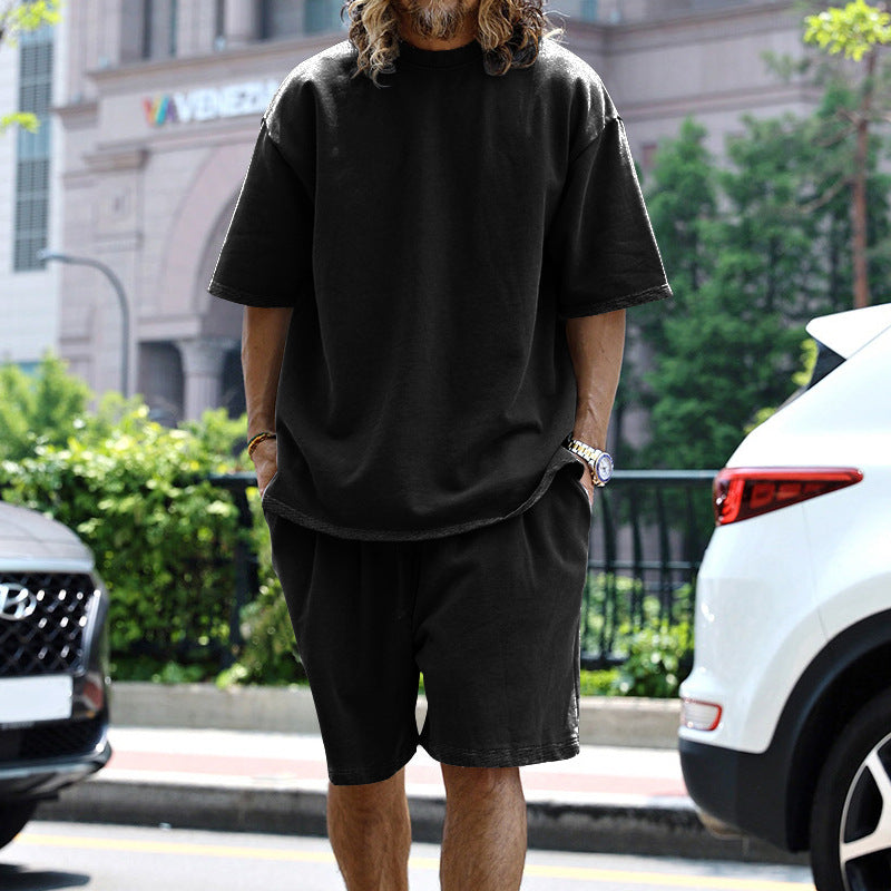 Men's Casual Loose Solid Color T-Shirt and Shorts Two-Piece Set
