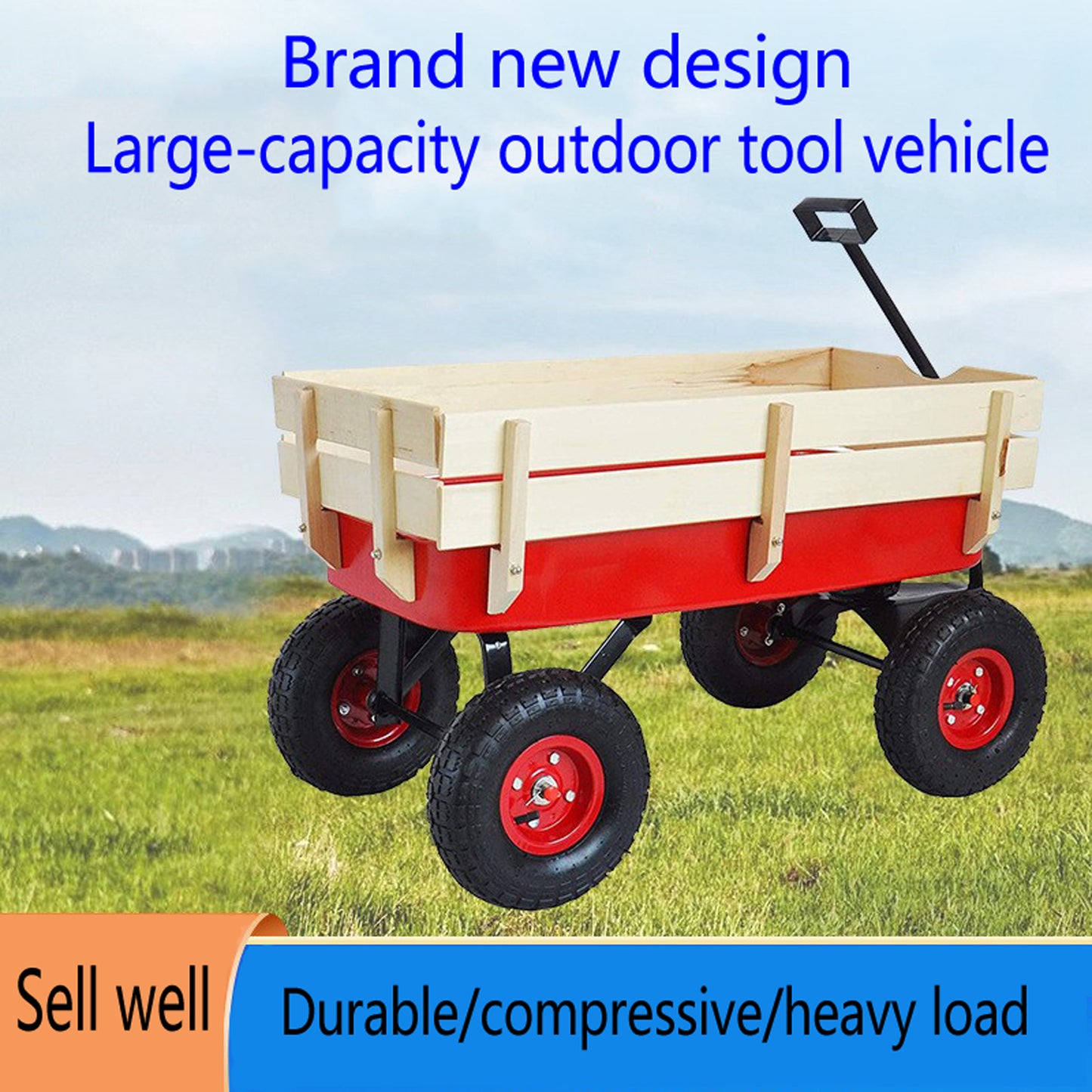 Outdoor Wagon All Terrain Pulling w/Wood Railing Air Tires Children Kid Garden(Red)