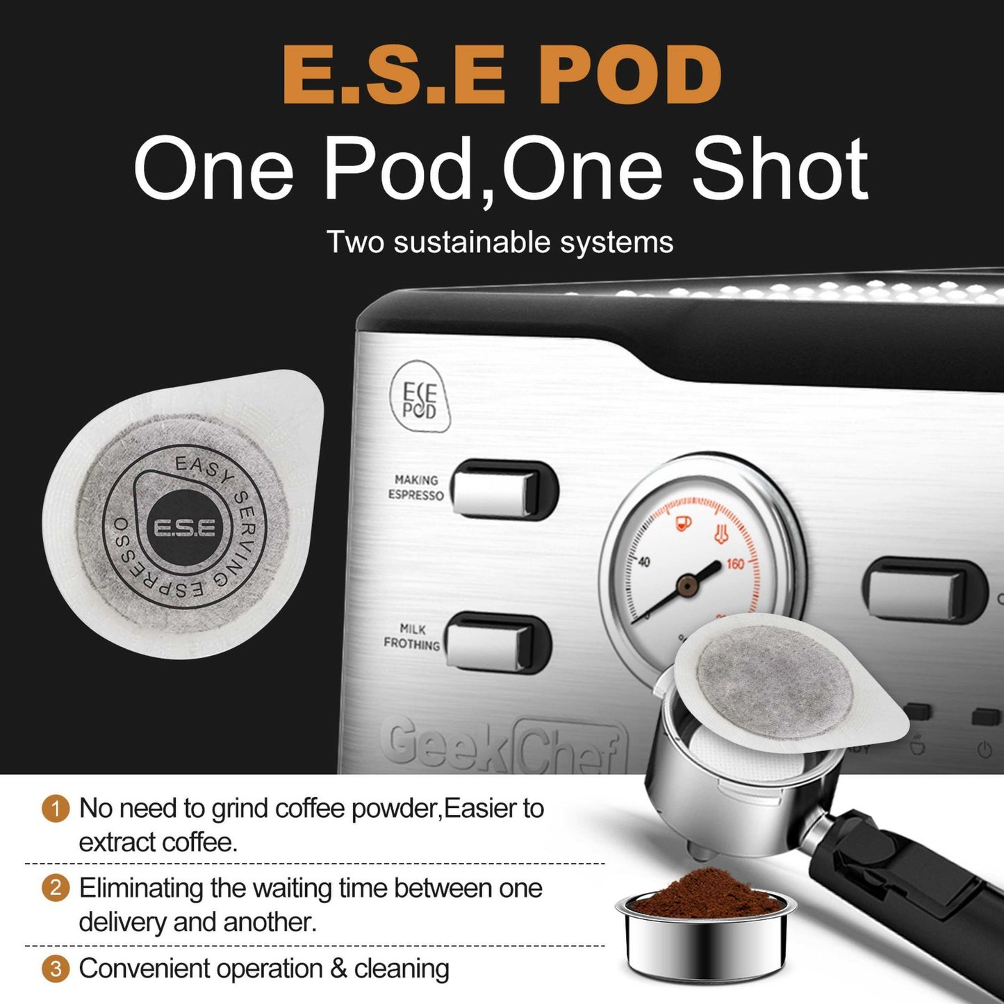 Espresso Machine 20 Bar Pump Pressure Cappuccino latte with ESE POD filter&Milk Frother Steam Wand&thermometer, 1.5L Water Tank, Stainless steel Espresso Complimentary ESE Filter Ban on Amazon