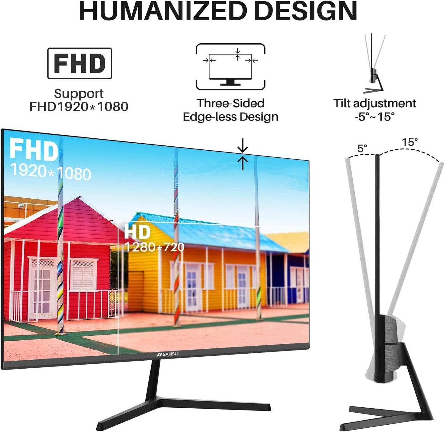 Sansui Monitor 24 inch FHD PC Monitor with USB Type-C, Built-in Speakers Earphone, Ultra-Slim Ergonomic Tilt Eye Care 75Hz with HDMI VGA for Home Office (ES-24F1 Type-C Cable & HDMI Cable Included)