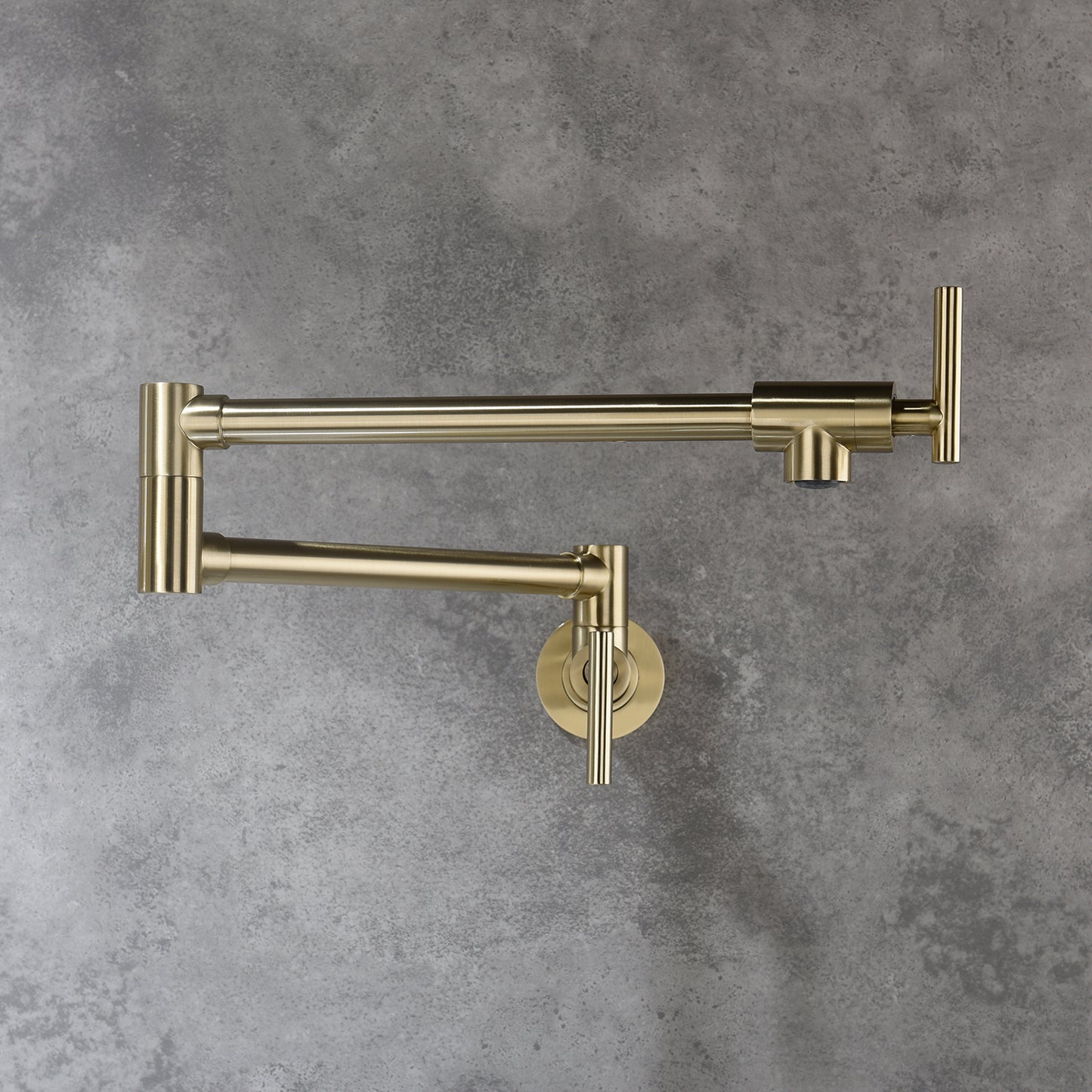 Pot Filler Faucet Wall Mount. free-swivel arm to fill any pot. splash-free water flow. double handle
