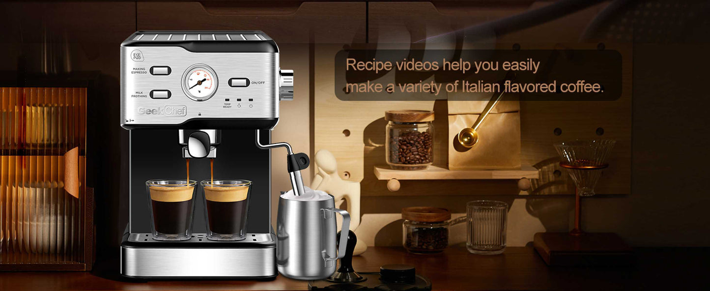Espresso Machine 20 Bar Pump Pressure Cappuccino latte with ESE POD filter&Milk Frother Steam Wand&thermometer, 1.5L Water Tank, Stainless steel Espresso Complimentary ESE Filter Ban on Amazon