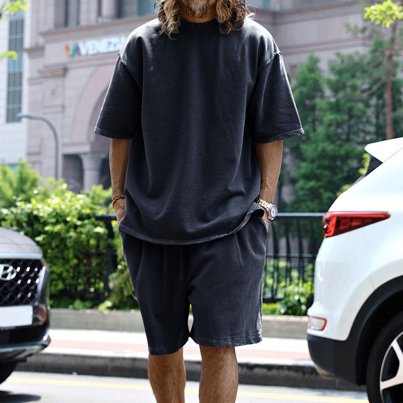Men's Casual Loose Solid Color T-Shirt and Shorts Two-Piece Set