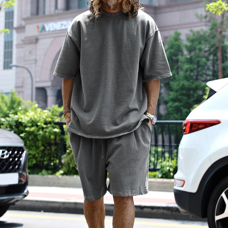 Men's Casual Loose Solid Color T-Shirt and Shorts Two-Piece Set