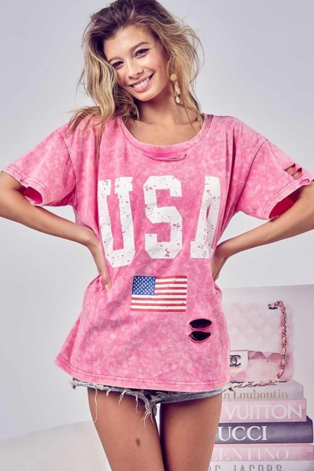 Washed American Flag Graphic Distressed T-Shirt