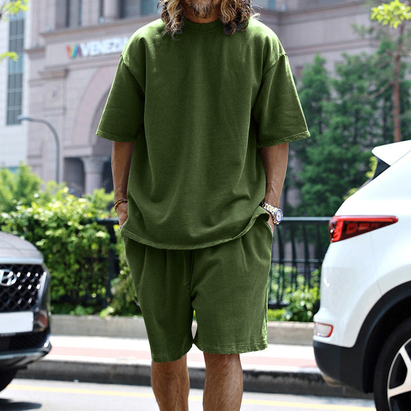 Men's Casual Loose Solid Color T-Shirt and Shorts Two-Piece Set