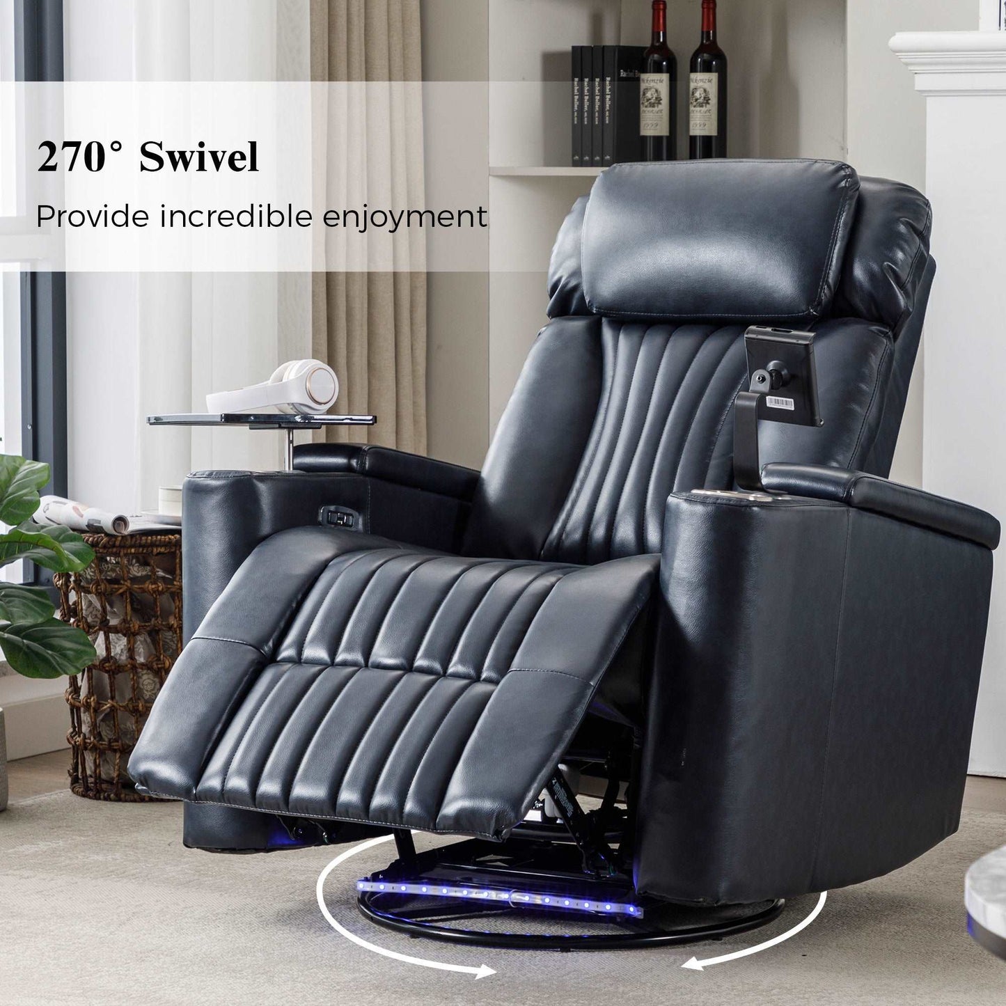 270° Power Swivel Recliner,Home Theater Seating With Hidden Arm Storage and LED Light Strip,Cup Holder,360° Swivel Tray Table,and Cell Phone Holder,Soft Living Room Chair,Blue