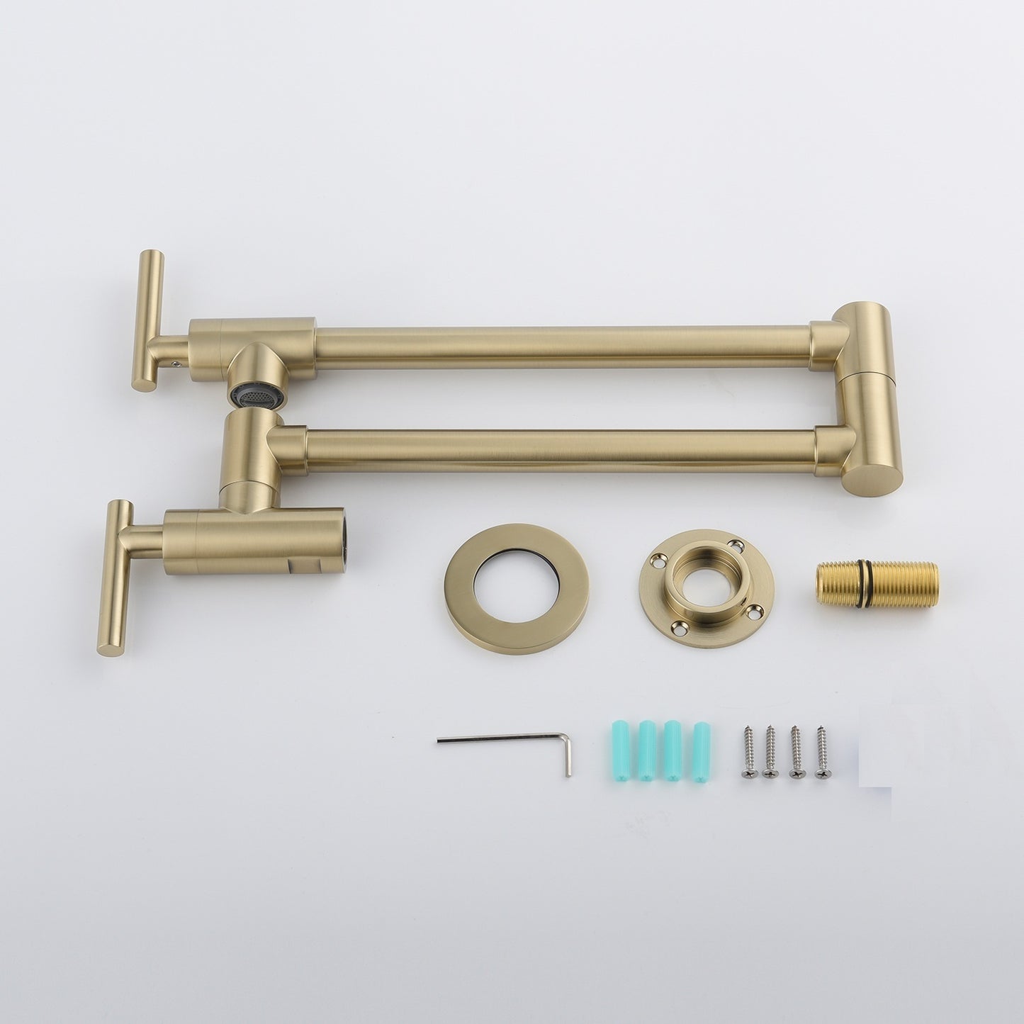 Pot Filler Faucet Wall Mount. free-swivel arm to fill any pot. splash-free water flow. double handle