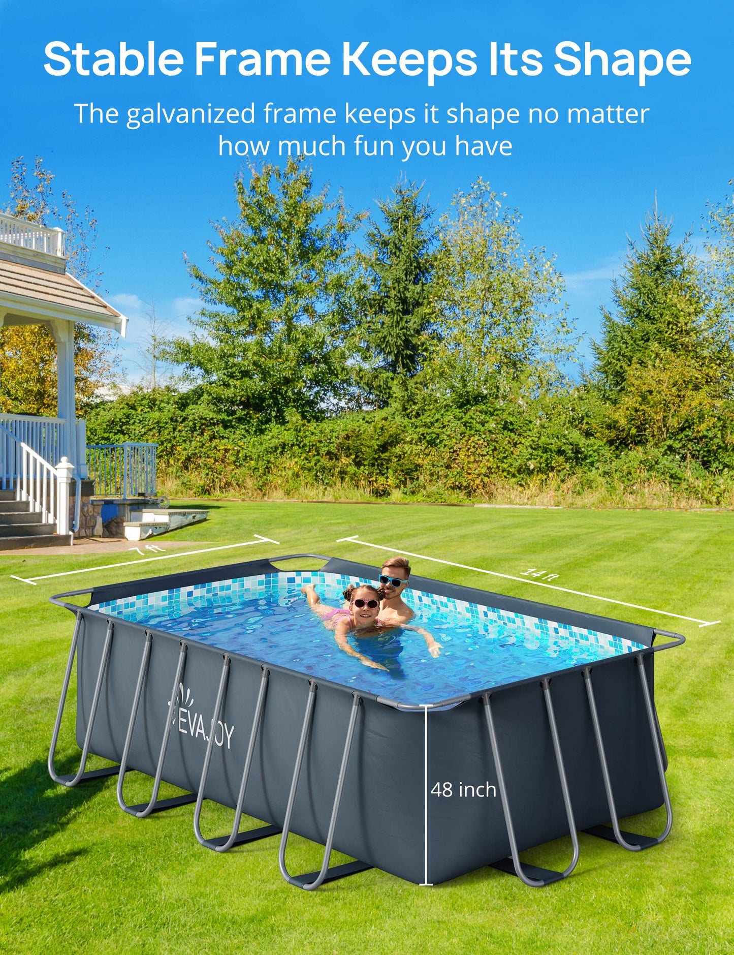 14ft x 7ft x 48in Metal Frame Swimming Pool Set for Families, Rectangular Above Ground Pool Set with Cartridge Filter Pump, Filter Cartridge, Pool Ladder, Ground Cloth, Pool Cover for Backyard