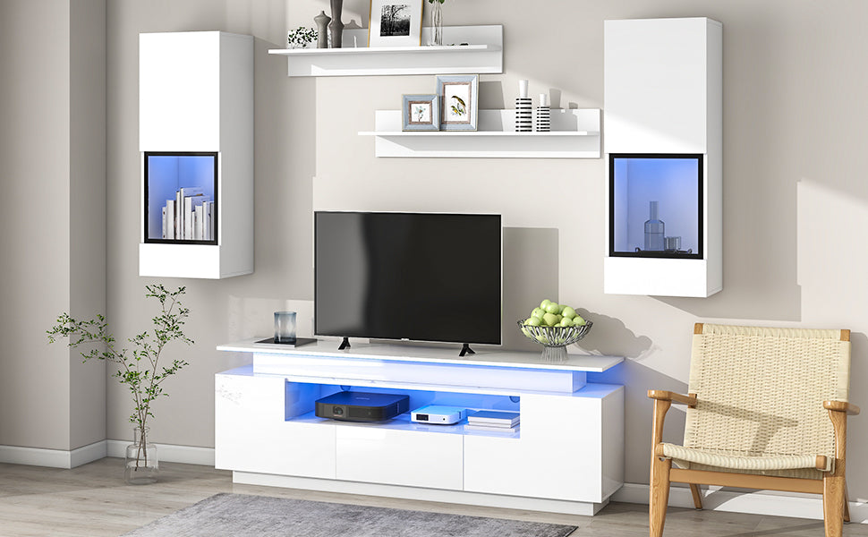 ON-TREND Stylish Functional TV stand, 5 Pieces Floating TV Stand Set, High Gloss Wall Mounted Entertainment Center with 16-color LED Light Strips for 75+ inch TV, White