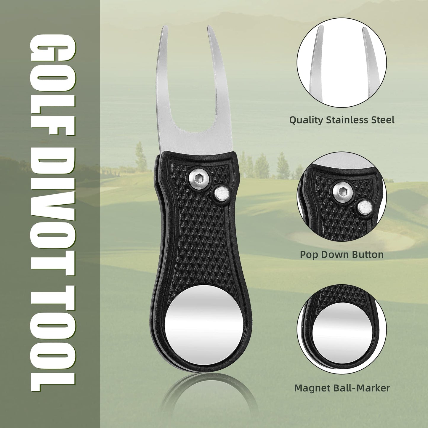 Mile High Life 4 Pieces Golf Divot Repair Tool w Magnetic Golf Ball Marker | All Metal Foldable Divot Tool w Pop-up Button | Golf Accessories for Men