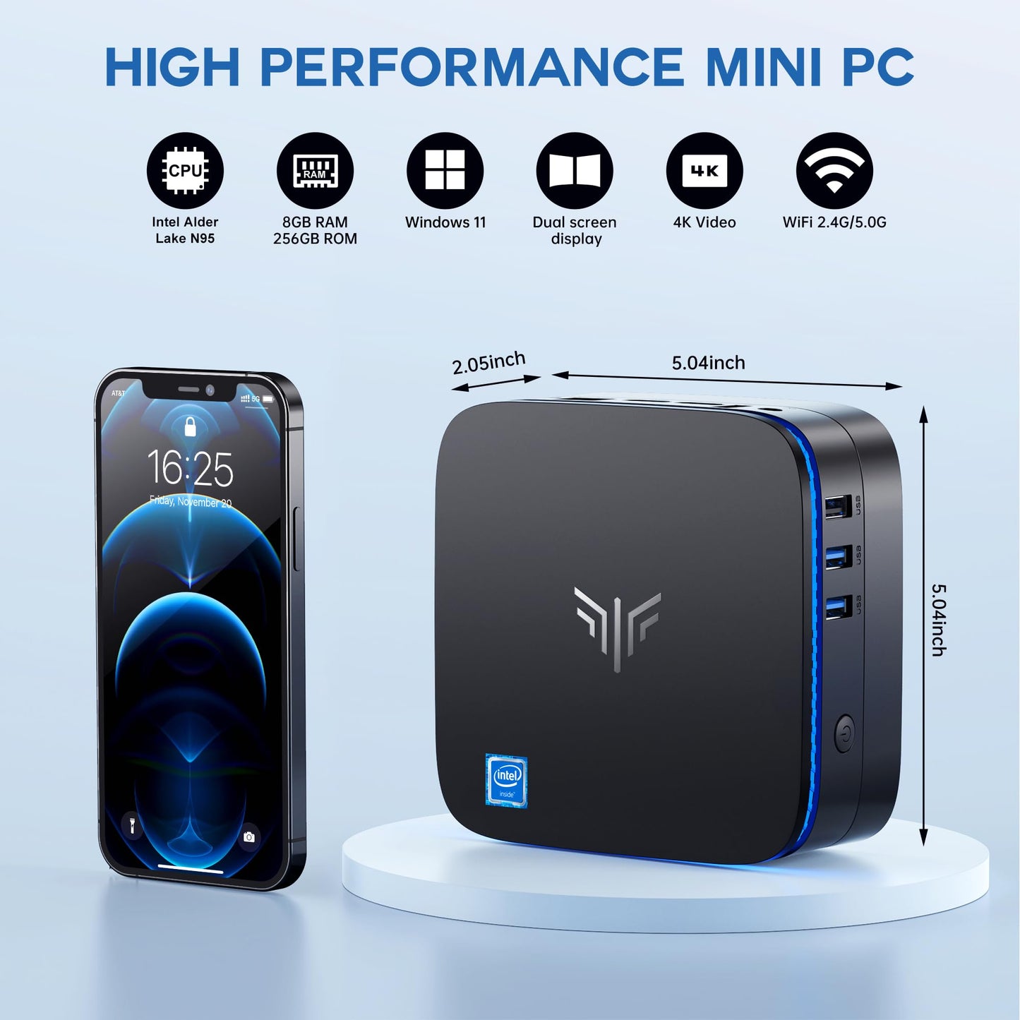 KAMRUI Mini PC Windows 11, AK1 PRO 12GB RAM 256GB SSD Mini Desktop Computer, Celeron N5105 CPU, 4 Core Micro PC Computer, Desktop PC 4K, Support 2.5’’ SSD, 2.4G/ 5.0G WiFi, Gigabit Ethernet, HTPC