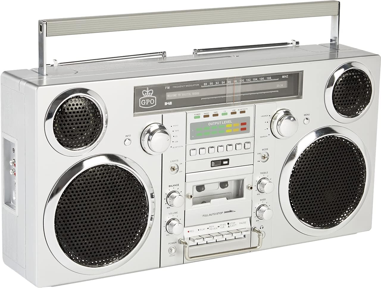 GPO Brooklyn 1980S-Style Portable Boombox - CD Player, Cassette Player, FM Radio, USB, Wireless Bluetooth Speaker