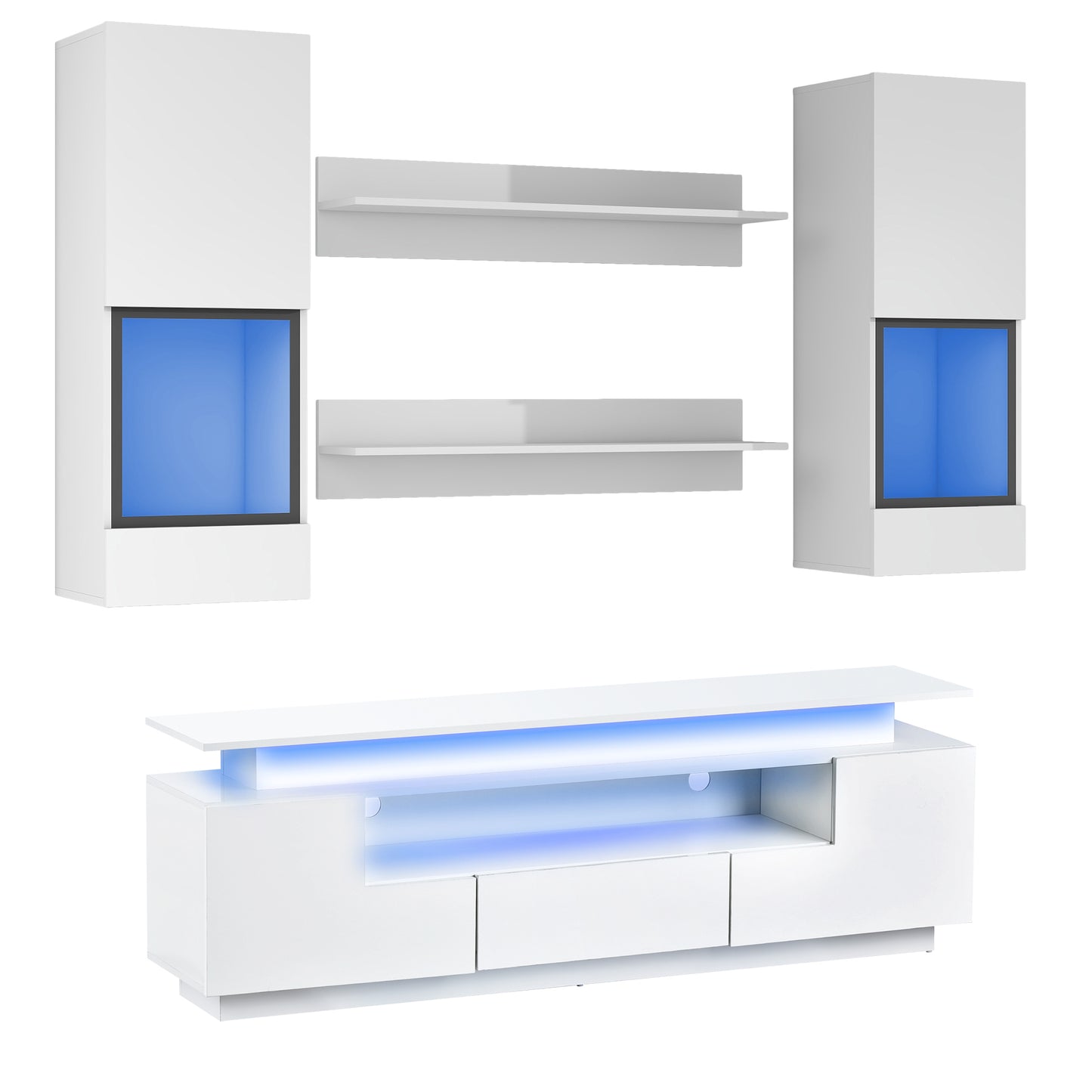 ON-TREND Stylish Functional TV stand, 5 Pieces Floating TV Stand Set, High Gloss Wall Mounted Entertainment Center with 16-color LED Light Strips for 75+ inch TV, White