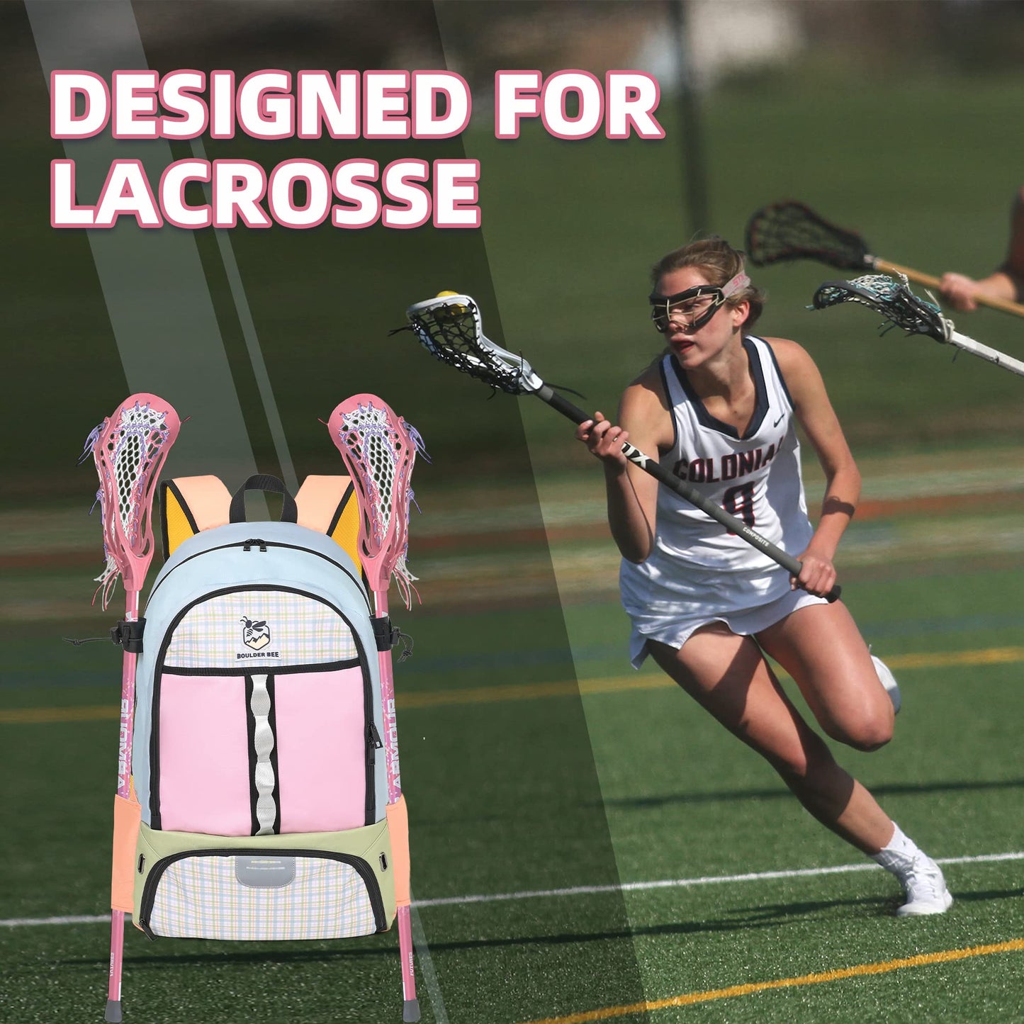 BOULDER BEE | Lacrosse Backpack | Lacrosse Bags with Stick Holders | Field Hockey Bag | Lacrosse Gift for Women