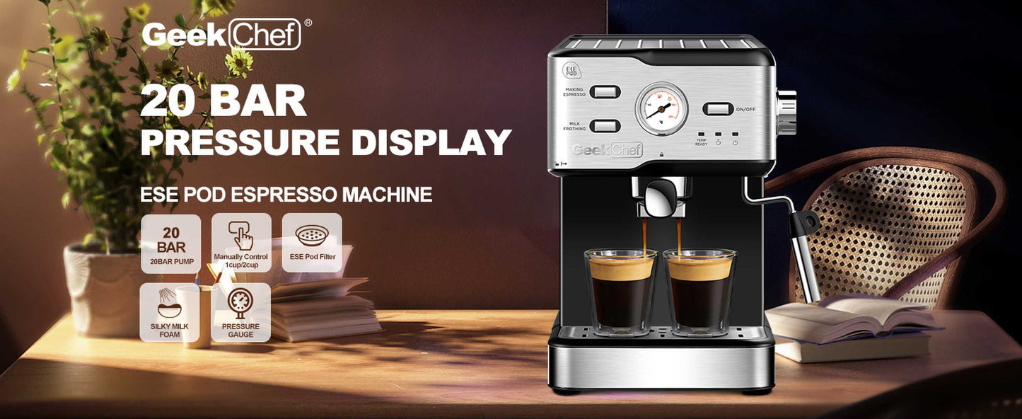 Espresso Machine 20 Bar Pump Pressure Cappuccino latte with ESE POD filter&Milk Frother Steam Wand&thermometer, 1.5L Water Tank, Stainless steel Espresso Complimentary ESE Filter Ban on Amazon