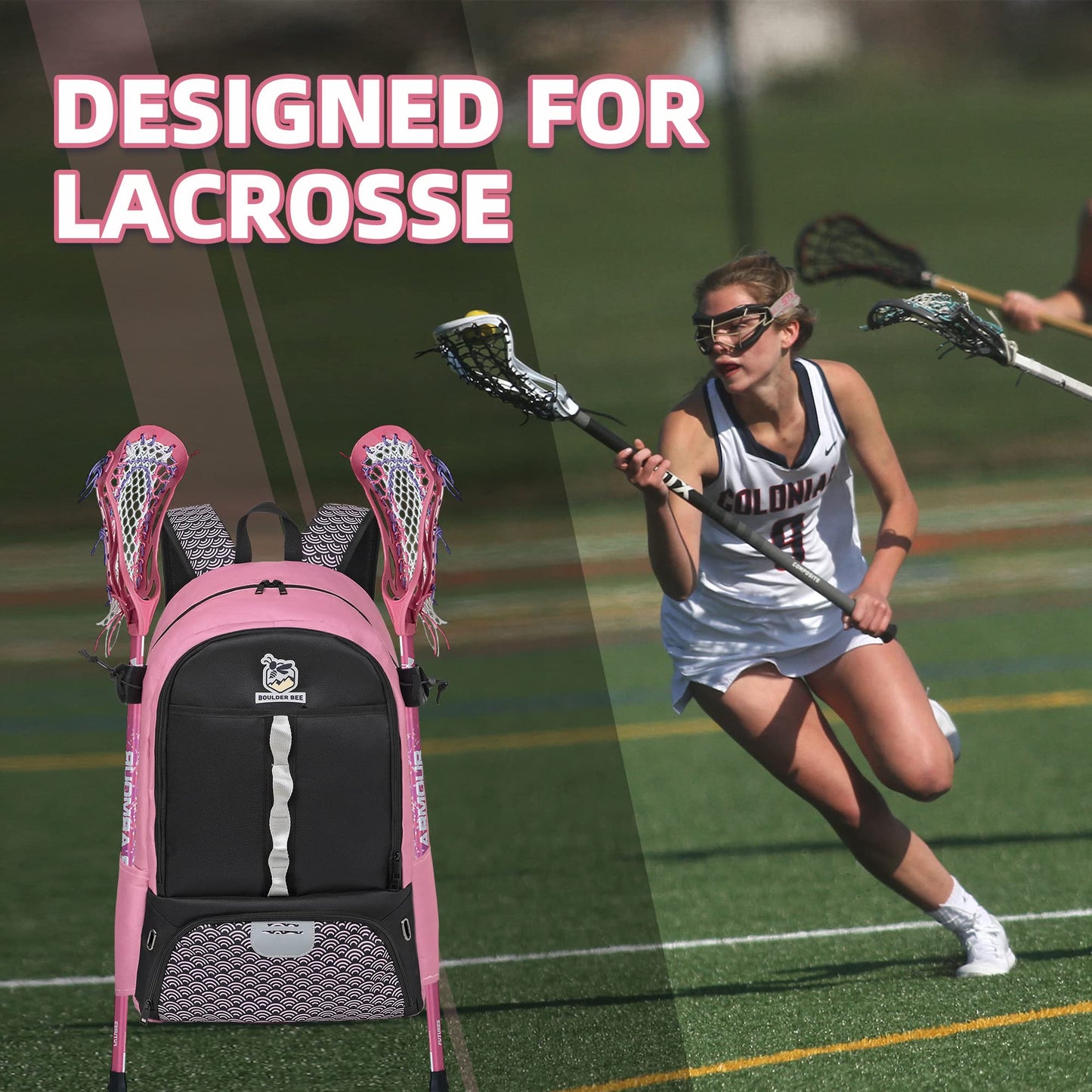 BOULDER BEE | Lacrosse Backpack | Lacrosse Bags with Stick Holders | Field Hockey Bag | Lacrosse Gift for Women