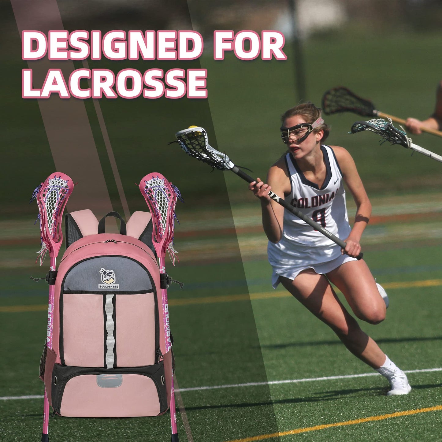 BOULDER BEE | Lacrosse Backpack | Lacrosse Bags with Stick Holders | Field Hockey Bag | Lacrosse Gift for Women