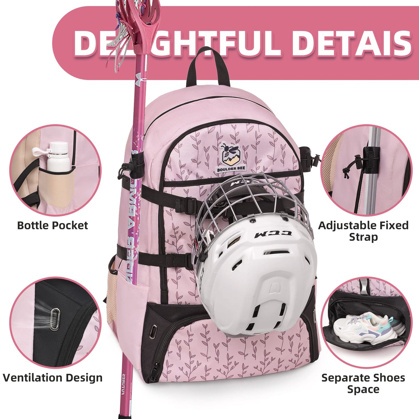 BOULDER BEE | Lacrosse Backpack | Lacrosse Bags with Stick Holders | Field Hockey Bag | Lacrosse Gift for Women