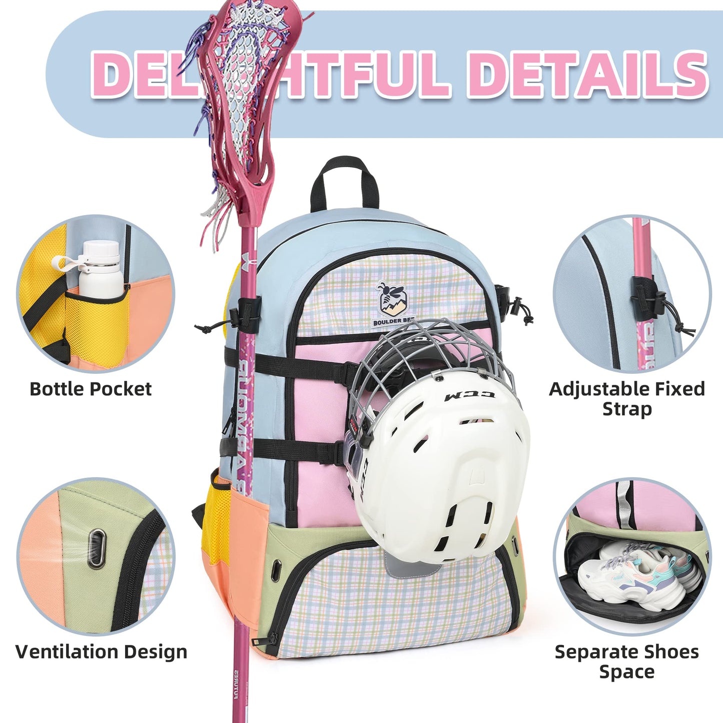 BOULDER BEE | Lacrosse Backpack | Lacrosse Bags with Stick Holders | Field Hockey Bag | Lacrosse Gift for Women