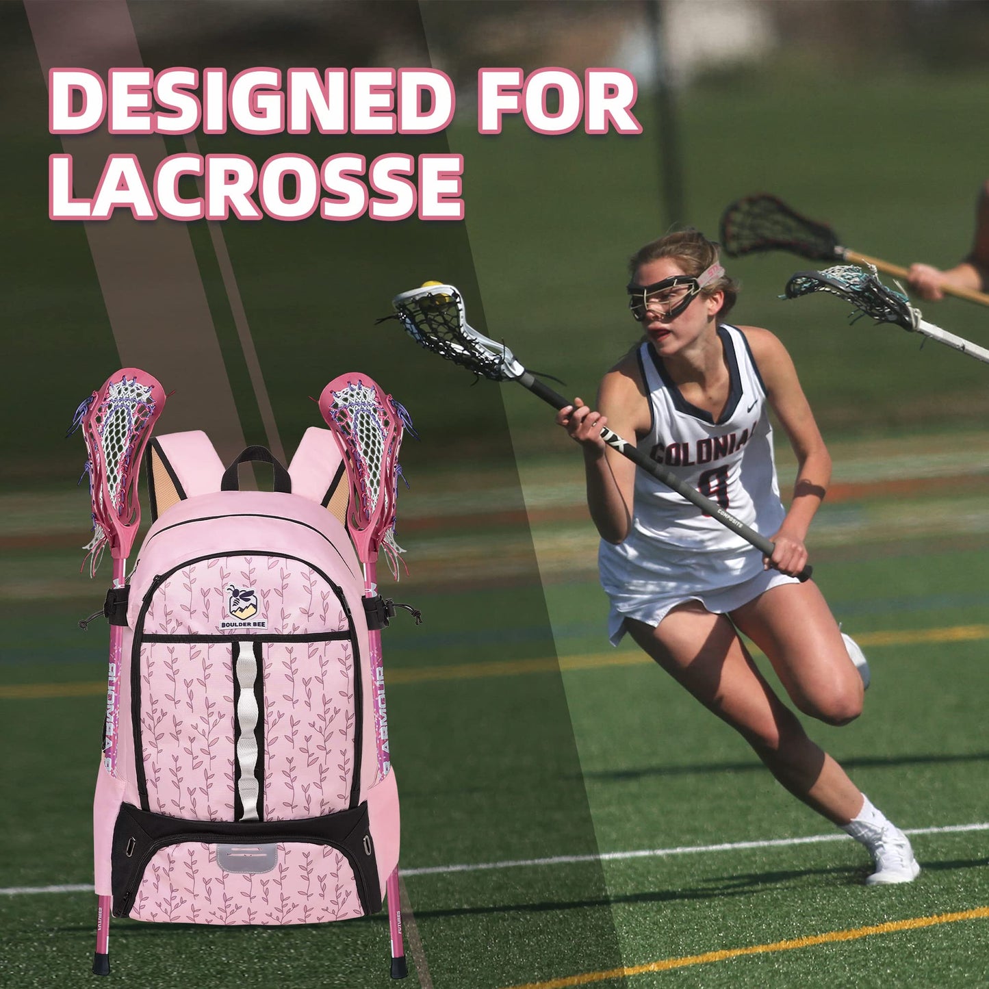 BOULDER BEE | Lacrosse Backpack | Lacrosse Bags with Stick Holders | Field Hockey Bag | Lacrosse Gift for Women