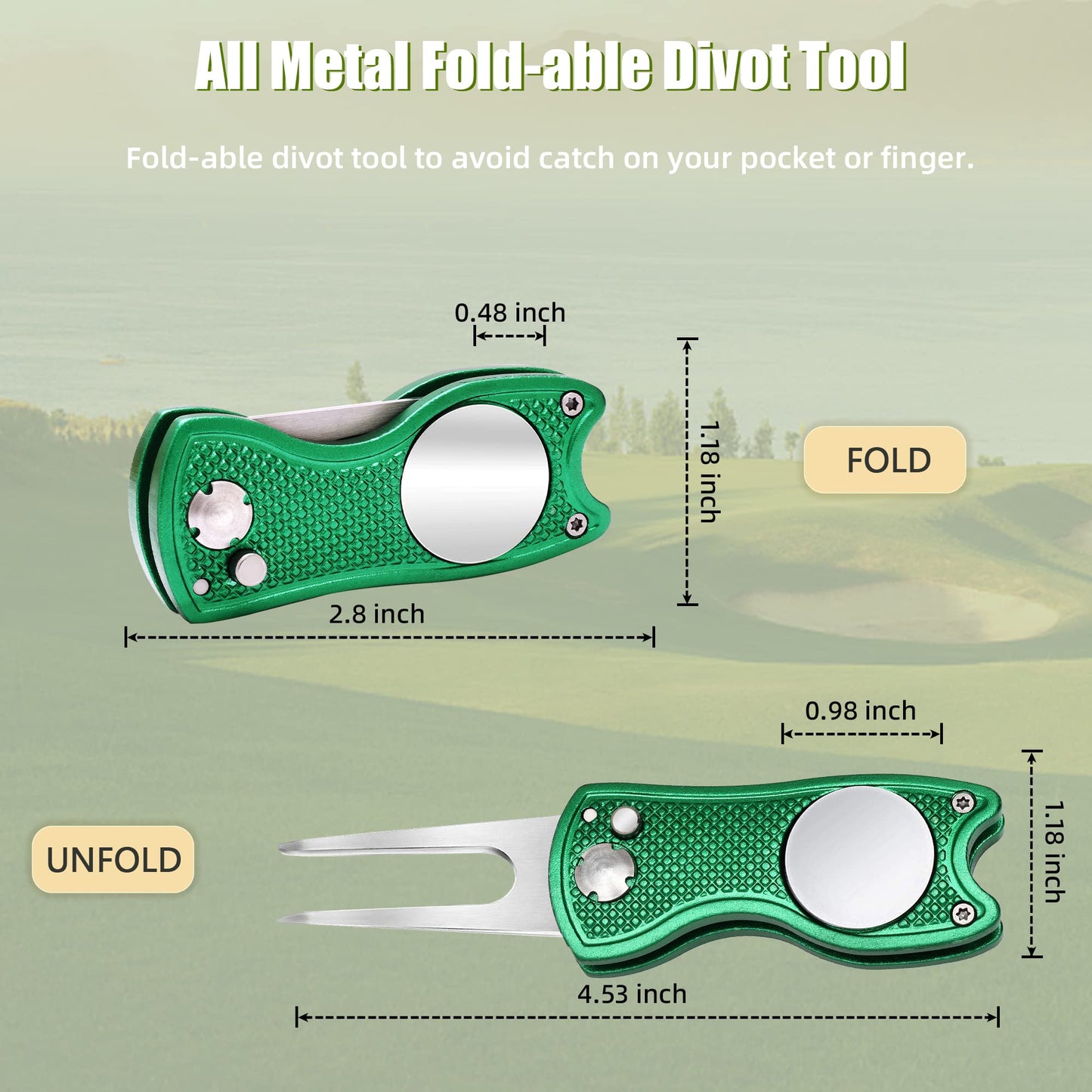 Mile High Life 4 Pieces Golf Divot Repair Tool w Magnetic Golf Ball Marker | All Metal Foldable Divot Tool w Pop-up Button | Golf Accessories for Men