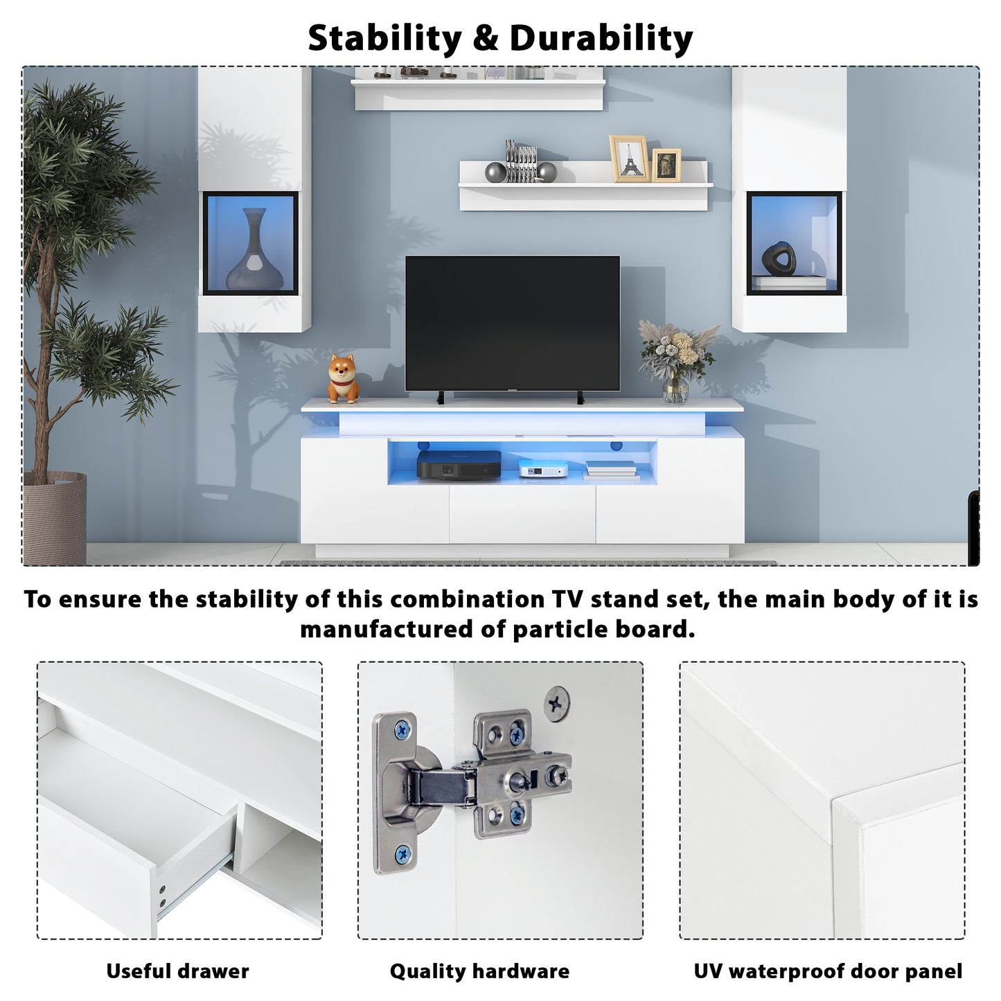 ON-TREND Stylish Functional TV stand, 5 Pieces Floating TV Stand Set, High Gloss Wall Mounted Entertainment Center with 16-color LED Light Strips for 75+ inch TV, White