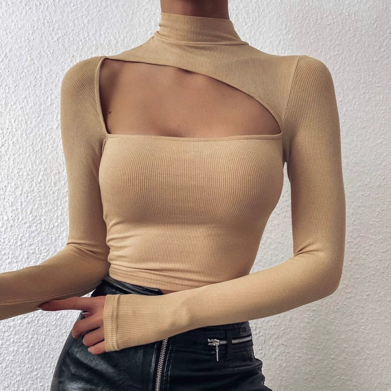 Solid Color Short Shipment Hollowed Spring and Autumn New Ins Base Shirt