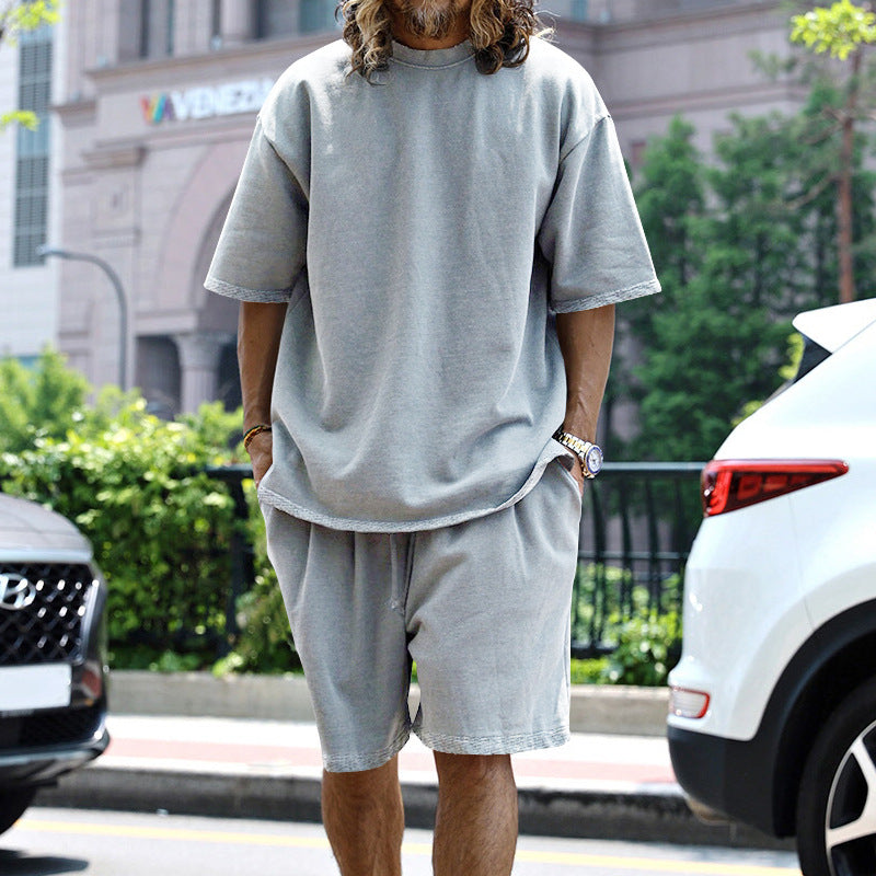 Men's Casual Loose Solid Color T-Shirt and Shorts Two-Piece Set