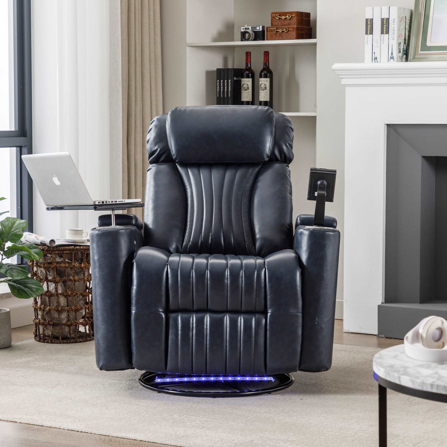 270° Power Swivel Recliner,Home Theater Seating With Hidden Arm Storage and LED Light Strip,Cup Holder,360° Swivel Tray Table,and Cell Phone Holder,Soft Living Room Chair,Blue