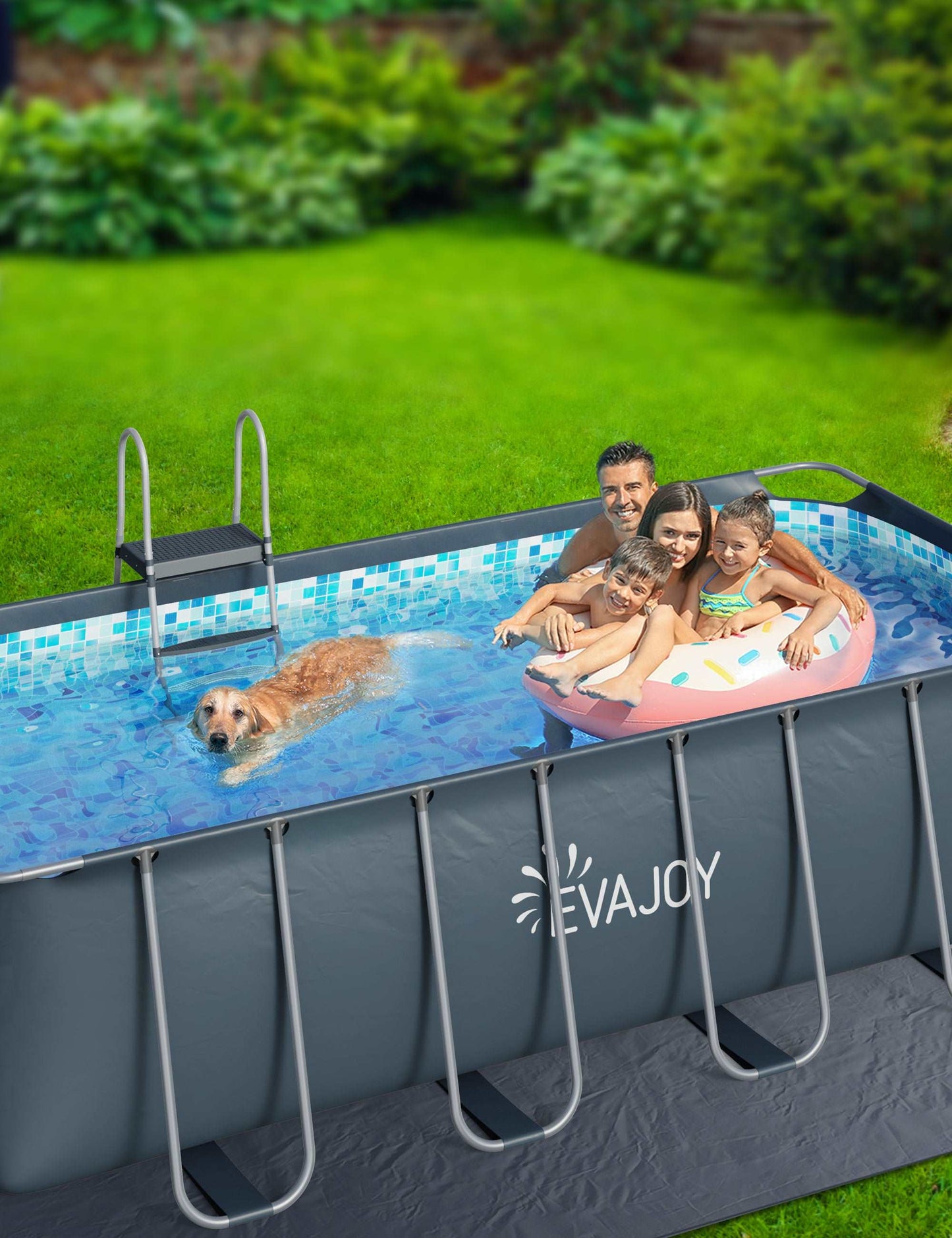 14ft x 7ft x 48in Metal Frame Swimming Pool Set for Families, Rectangular Above Ground Pool Set with Cartridge Filter Pump, Filter Cartridge, Pool Ladder, Ground Cloth, Pool Cover for Backyard