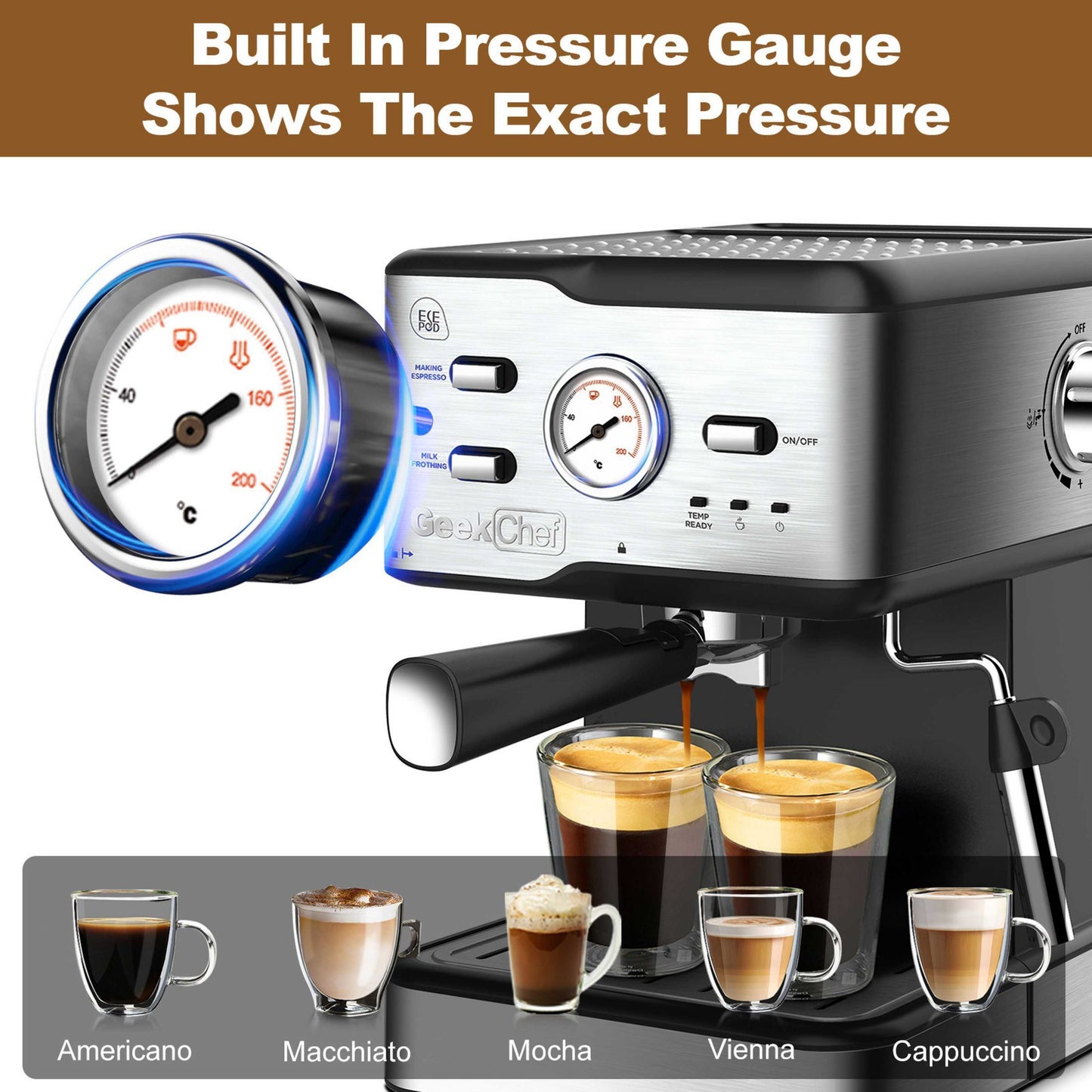 Espresso Machine 20 Bar Pump Pressure Cappuccino latte with ESE POD filter&Milk Frother Steam Wand&thermometer, 1.5L Water Tank, Stainless steel Espresso Complimentary ESE Filter Ban on Amazon