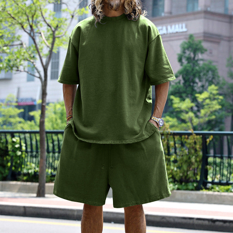 Men's Casual Loose Solid Color T-Shirt and Shorts Two-Piece Set