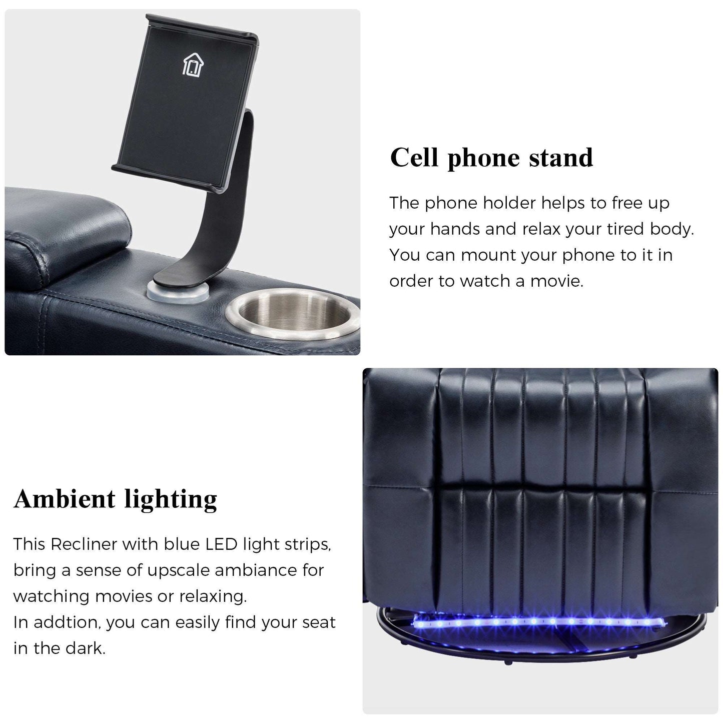 270° Power Swivel Recliner,Home Theater Seating With Hidden Arm Storage and LED Light Strip,Cup Holder,360° Swivel Tray Table,and Cell Phone Holder,Soft Living Room Chair,Blue