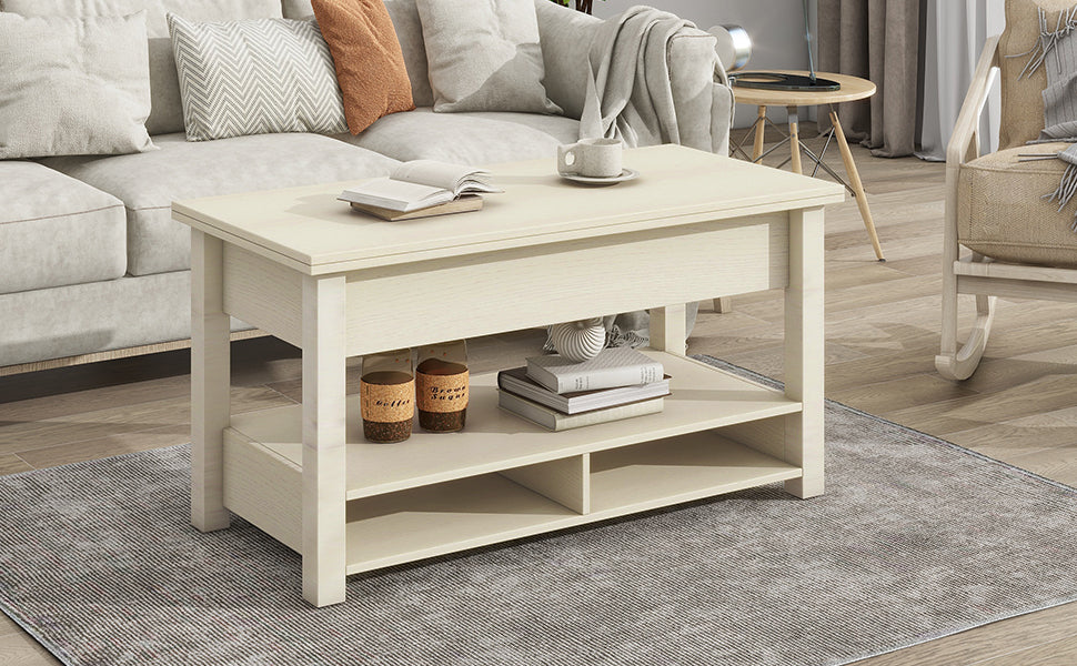 ON-TREND Lift Top Coffee Table, Multi-Functional Coffee Table with Open Shelves, Modern Lift Tabletop Dining Table for Living Room, Home Office, Rustic Ivory