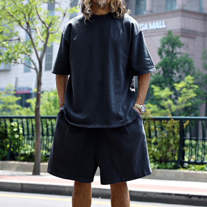 Men's Casual Loose Solid Color T-Shirt and Shorts Two-Piece Set